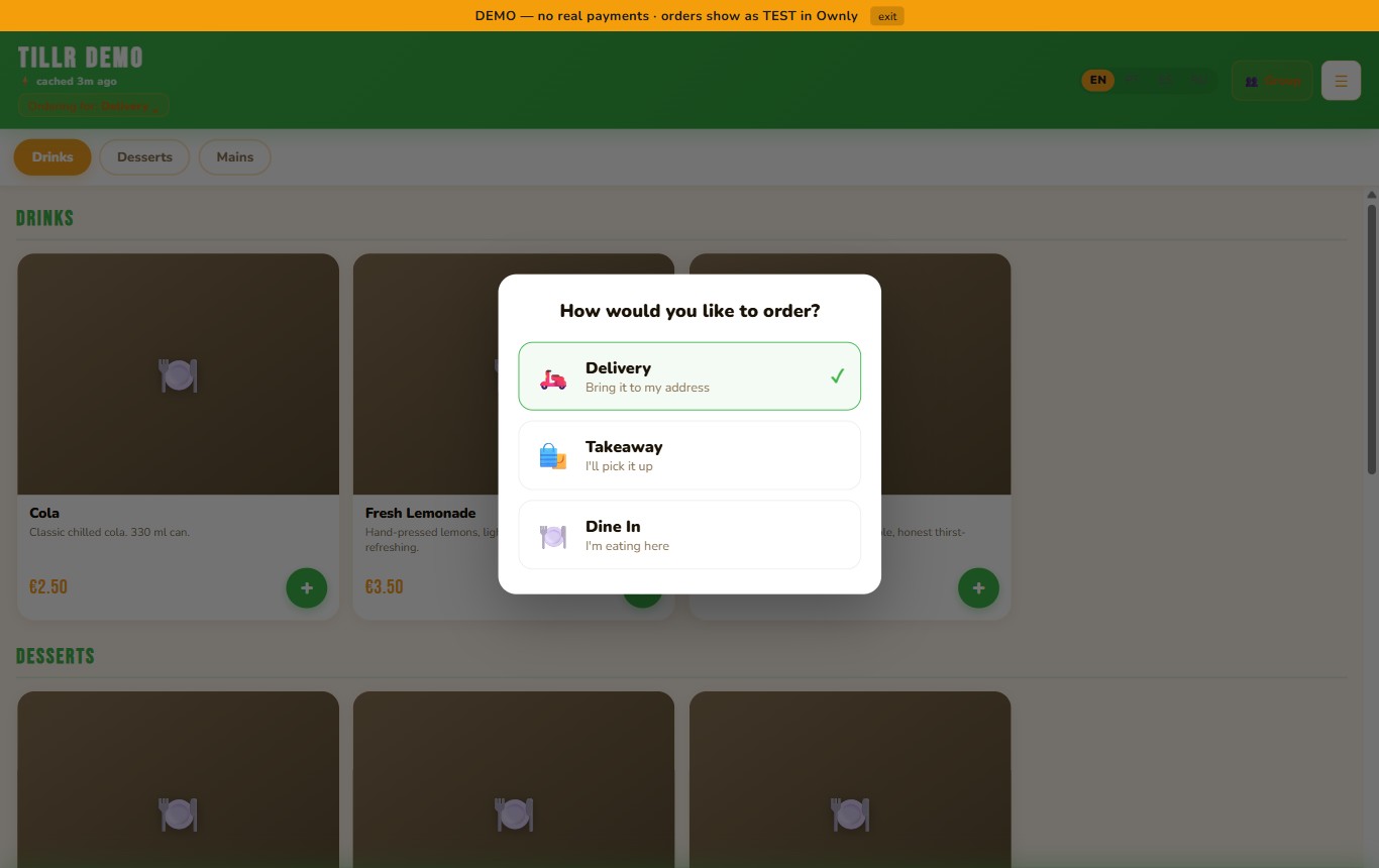 Tillr customer ordering app: menu with categories, prices and an order-type selector (delivery, takeaway, dine in)